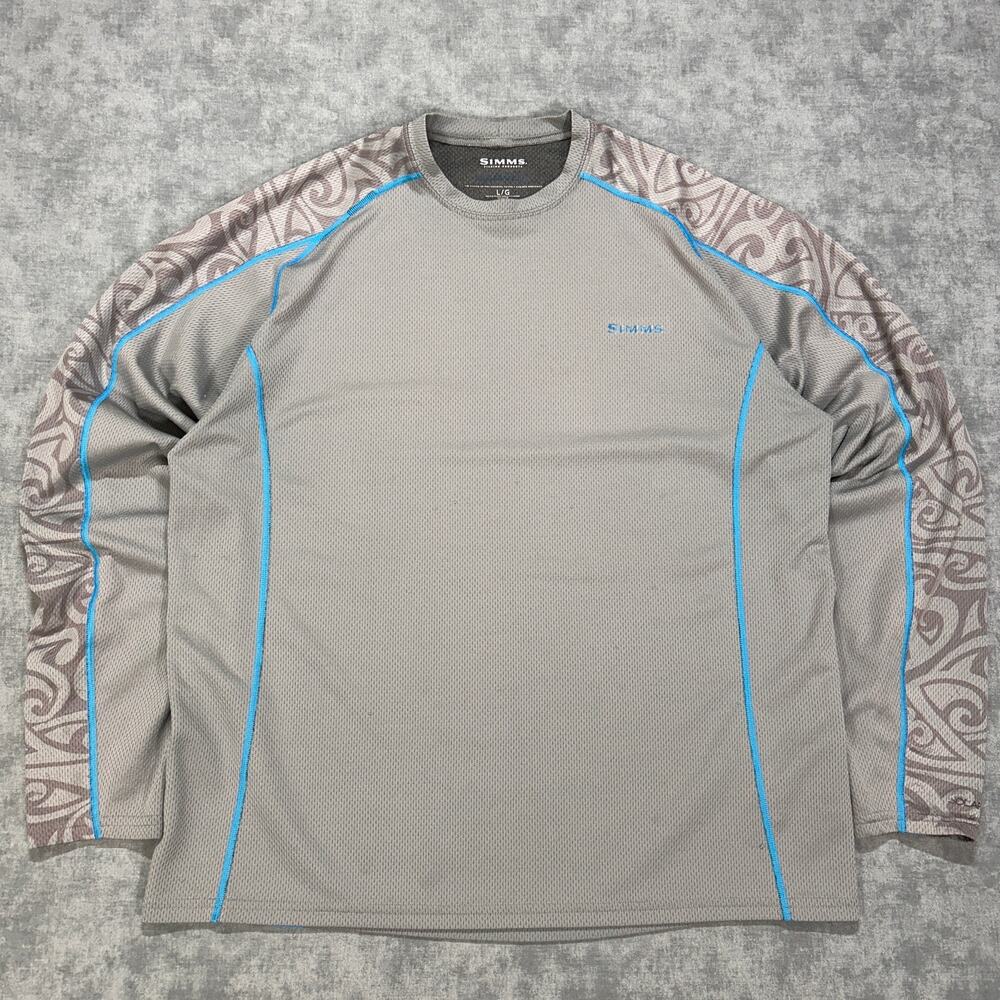 Simms SolarFlex Crewneck Fishing Shirt UPF30 Gray Paisley Long Sleeve Mens L
